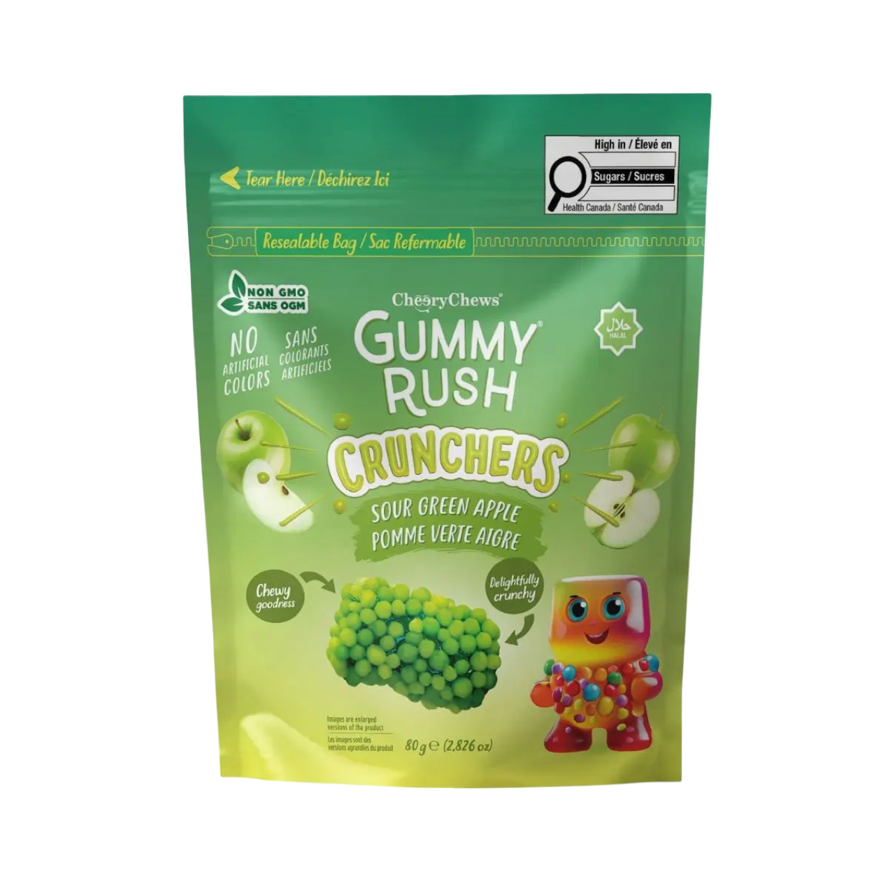 GUMMY RUSH CRUNCHERS SOUR APPLE FLAVOUR POUCH 80g